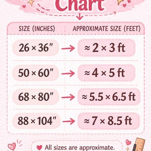 May include: A pink backdrop size chart with measurements in inches and feet. The chart includes sizes like 26 x 36 inches (approx. 2 x 3 ft) and 88 x 104 inches (approx. 7 x 8.5 ft). Decorative elements include a camera and a walkie-talkie.