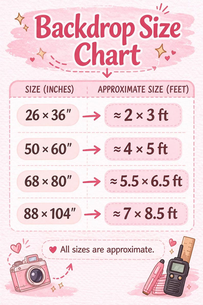 May include: A pink backdrop size chart with measurements in inches and feet. The chart includes sizes like 26 x 36 inches (approx. 2 x 3 ft) and 88 x 104 inches (approx. 7 x 8.5 ft). Decorative elements include a camera and a walkie-talkie.