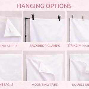 May include: Image showcasing various hanging options for a backdrop. Methods include Command Strips, backdrop clamps, string with clothing clips, thumbtacks, mounting tabs, and double-sided tape. The text "HANGING OPTIONS" is at the top.
