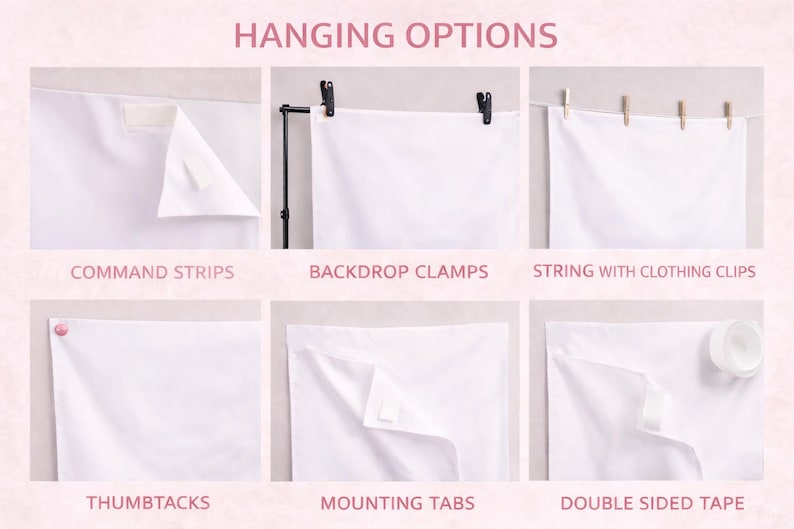 May include: Image showcasing various hanging options for a backdrop. Methods include Command Strips, backdrop clamps, string with clothing clips, thumbtacks, mounting tabs, and double-sided tape. The text "HANGING OPTIONS" is at the top.