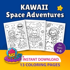 May include: Three black and white coloring pages with the text "KAWAII Space Adventures". The pages feature cute space-themed illustrations, including astronauts, aliens, and planets. The text "for ages 3-6" is also included.