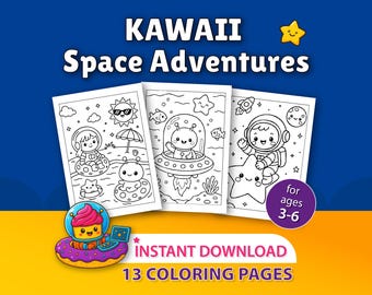 May include: Three black and white coloring pages with the text "KAWAII Space Adventures". The pages feature cute space-themed illustrations, including astronauts, aliens, and planets. The text "for ages 3-6" is also included.