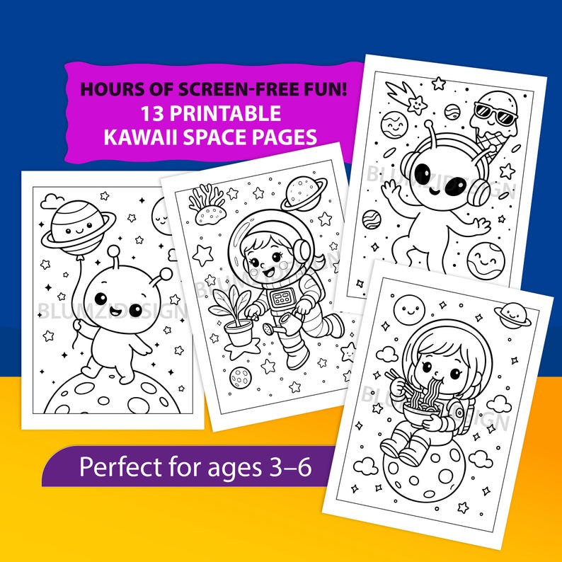 May include: Four black and white printable coloring pages featuring kawaii space-themed illustrations. The pages include astronauts, aliens, planets, and stars. Text on the image reads "HOURS OF SCREEN-FREE FUN! 13 PRINTABLE KAWAII SPACE PAGES" and "Perfect for ages 3-6."