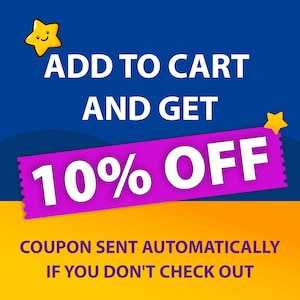 May include: A promotional graphic with a blue and yellow background. The text "ADD TO CART AND GET 10% OFF" is displayed in white. A purple banner with the text "10% OFF" is in the center. The text "COUPON SENT AUTOMATICALLY IF YOU DON'T CHECK OUT" is at the bottom.