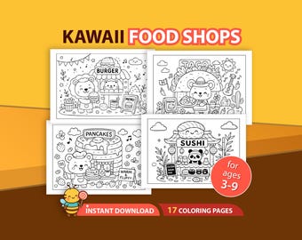 May include: A colorful illustration featuring four black and white coloring pages with the text "KAWAII FOOD SHOPS". Each page depicts a different food shop: burger, taco, pancakes, and sushi. The image includes the text "for ages 3-9" and "17 COLORING PAGES".