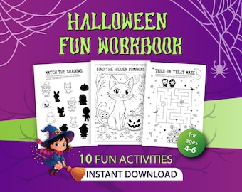 May include: A Halloween Fun Workbook with 10 activities for ages 4-6. The cover features a witch and broom, with the text "Halloween Fun Workbook". Inside are coloring pages and mazes with pumpkins, cats, and other Halloween-themed images. Instant download.