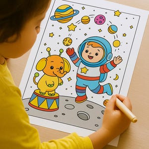 May include: A child coloring a space-themed illustration. The drawing features an astronaut, an elephant on a circus stand, planets, and stars. The astronaut is wearing a blue and red spacesuit. The elephant is yellow and orange.