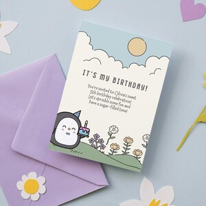 Leuke pinguïnverjaardagsuitnodiging | Bewerkbare canvassjabloon | Genderneutrale kinderfeestkaart | Digitale download