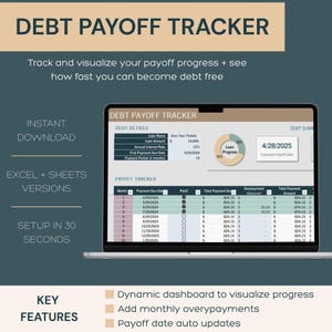 DEBT PAYOFF TRACKER | Excel Spreadsheet - Google Sheets - Loan Amortization Template - Payment Tracker - Add Overpayment - Reduce Interest