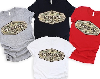 Camouflage Kindergarten T-Shirt, Back To School Teacher Graphic Tee, First Grade Camo Student Apparel, Elementary School Shirt