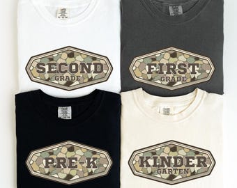 Comfort Colors Camouflage Kindergarten T-Shirt, Back To School Teacher Graphic Tee, First Grade Camo Student Apparel, Elementary School Tee