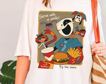 Comfort Colors Spudsys Try The Sauce TShirt, Digital Circus Fast Food Parody Crew Shirt, Cute Anime Graphic Tee, Y2K Aesthetic Streetwear