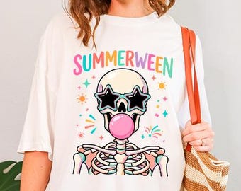 Comfort Colors Summerween Shirt, Spooky Beach Skeleton Tee, Bubble Gum Pink Skeleton T-Shirt, Summer Halloween Vacation Clothes