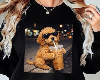 Dog Mom Sweatshirt, Cute Golden Doodle Iced Coffee Sweater, Funny Puppy with Sunglasses Pullover, Dog Lover Gift, Vintage Pepper Outfit