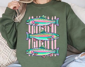 Trendy Fish Graphic Sweatshirt, Pink Striped Rainbow Trout Sweater,  Preppy Fishing Top, Cute Southern Lake Girl Pullover