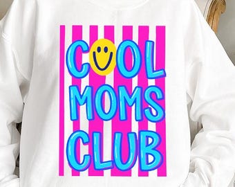 Sudadera Cool Moms Club, Suéter de verano brillante para mamá, Sudadera moderna con cara sonriente para mamá, Conjunto de rayas estilo preppy para mamá
