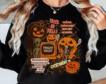 Trick Or Treat Halloween Sweatshirt, Vintage Spooky Quote Graphic Sweatshirt, Retro Pumpkin Skeleton Pullover, October Fright Night Apparel