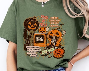 Trick Or Treat Halloween T-Shirt, Vintage Spooky Quote Graphic Tee, Retro Pumpkin Skeleton Shirt, October Fright Night Apparel