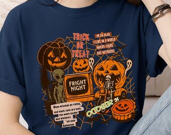 Comfort Colors Trick Or Treat Halloween T-Shirt, Vintage Spooky Quote Graphic Tee, Retro Pumpkin Skeleton Shirt, October Fright Night Tee