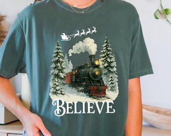 Comfort Colors Believe Christmas Polar Express Shirt, Vintage Christmas Train T-Shirt, Winter Wonderland Tee, Santa Sleigh Holiday Shirt