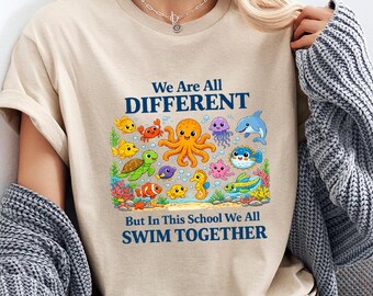 Camiseta escolar "Todos nadamos juntos", camiseta para profesores de inclusión, camiseta para aulas de educación especial, camiseta para neurodiversidad.