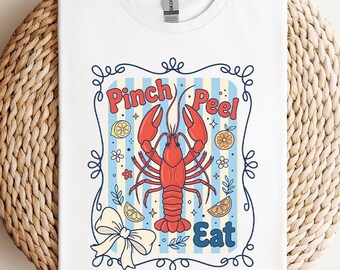 Pinch Peel Eat T Shirt, Retro Crawfish Boil Tee, Cute Seafood Lover Gift, Preppy Coquette Lobster Tee