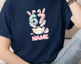 Comfort Colors Custom Kids Easter T-shirt with Name, Bunny Six Seven Ears Shirt, Easter Egg Hunter Tee,  Pastel Easter Outfit