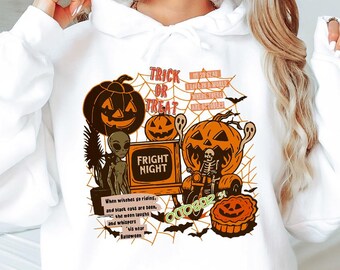 Trick Or Treat Halloween Hoodie, Vintage Spooky Quote Graphic Hoodie, Retro Pumpkin Skeleton Pullover, October Fright Night Outfit