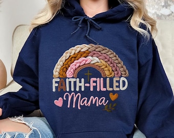 Faux Yarn Faith Filled Mama Hoodie, Christian Rainbow Mom Hoodie, 3D Crochet Effect Faith Pullover, Religious Motherhood Gift