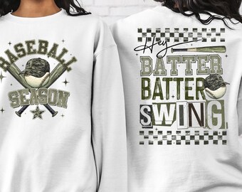 Vintage Camo Baseball Mom Sweatshirt,Hey Batter Batter Front and Back Sweater, Retro Game Day Sports Pullover