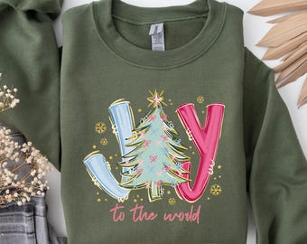 Girly Christmas Sweatshirt: Aesthetic Joy To The World Crewneck, Pink Holiday