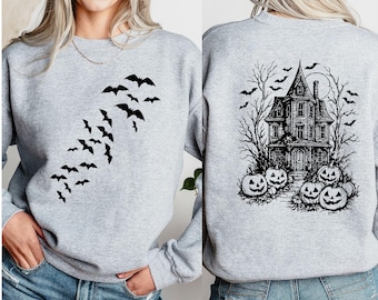 Sudadera vintage de Halloween: Casa encantada, murciélagos y calabazas