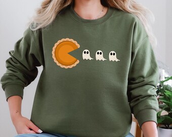 Sudadera divertida de fantasma de pastel de calabaza: suéter de Pacman de Halloween para Acción de Gracias