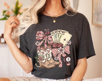 Preppy Cowgirl Cotton Tee: Coquette Western Style Bow & Boots