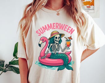 Summerween Comfort Colors Shirt: Mermaid Skeleton Flamingo Tee
