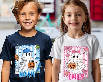 Camiseta de Halloween personalizada para niños, linda camiseta con nombre de calabaza fantasma, camiseta de Boo espeluznante para niños y niñas, camiseta de Halloween de otoño para niños pequeños