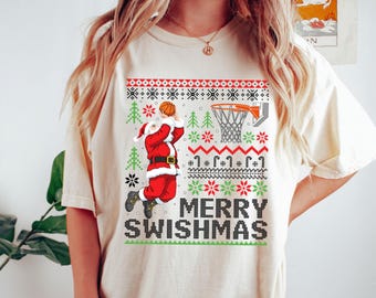 Camiseta navideña Comfort Colors Merry Swishmas: camiseta navideña vintage de baloncesto
