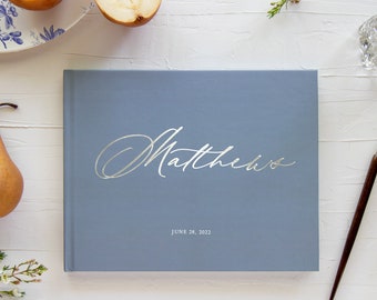 Libro de invitados de boda, regalo personalizado, libro de recepción de tapa dura con paisaje, azul polvoriento con papel de aluminio, páginas en blanco o rayadas, elija el color de la cubierta