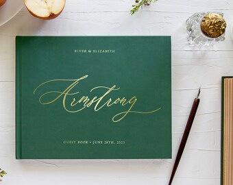 Wedding guest book, Custom landscape green guestbook, Blank or lined sign in book, Optional gold foil, Various cover colors