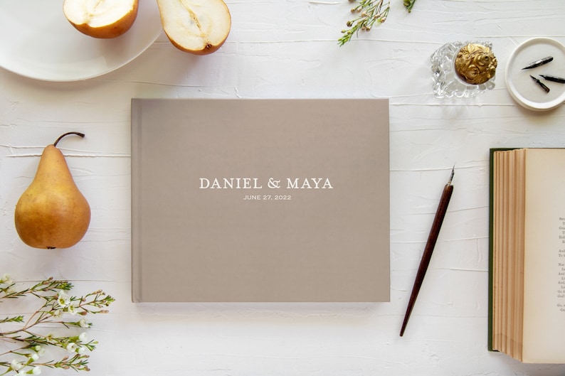 Wedding guestbook, Taupe custom landscape hardcover guest book, Blank or Lined, Optional rose gold silver foil, Various colors image 1