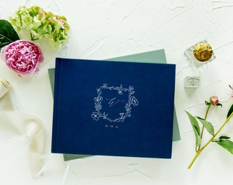 Wedding Guestbook, Custom sign in book, Landscape hardcover guest book, Navy Blue, Laurel Crest, Blank or lined, Choose your cover color