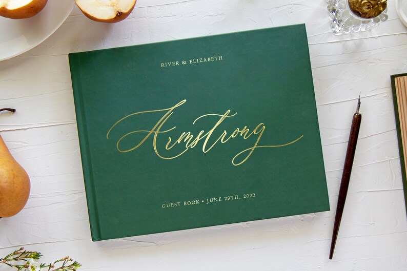 Libro de invitados de boda, Libro de invitados verde paisaje personalizado, Libro de firmas en blanco o rayado, Lámina de oro opcional, Varios colores de cubierta imagen 2