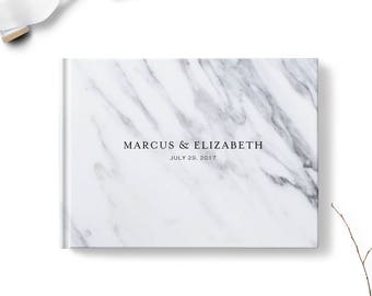 Wedding guestbook, Custom sign in signature book, Landscape hardcover guest book, Black Gray Marble, Blank or lined, Reception decor, gb0114