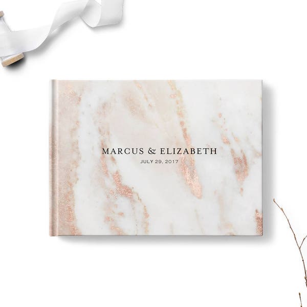 Custom wedding guestbook, Personalized guest book, Landscape with optional gold foil, Blush Pink Marble, Blank or lined pages gb0113