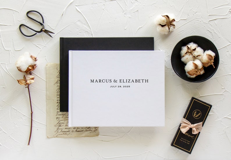 Black wedding guestbook, Custom landscape guest book, Blank or lined sign in book, Optional gold foil, Various cover colors image 2