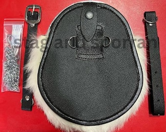 Scottish Handmade Full Dress Sporran White & Black Rabbit Fur with chain belt