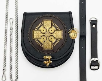 Handmade Black Leather Day Sporran: Gold Celtic Cross Embossed Flap  Highland Kilt Accessory