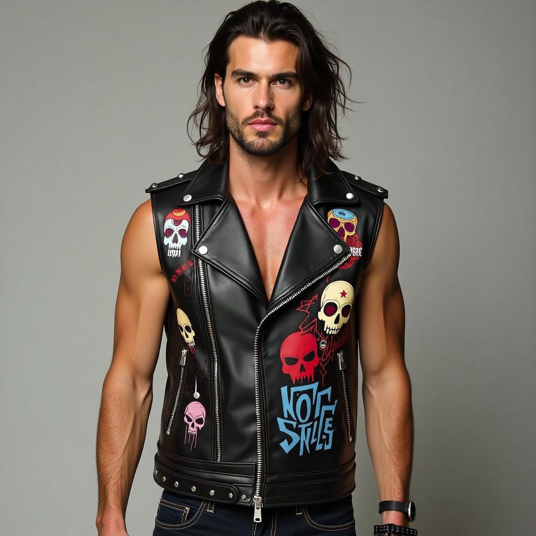 Handmade Men's Leather Rocker Vest – Multicolor Top Skulls Front Design ...