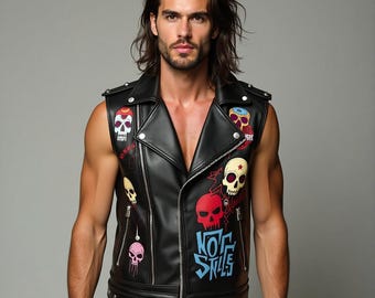 Chaleco Rockero de Cuero para Hombre Hecho a Mano – Diseño de Calaveras Multicolor en la Parte Superior – Estilo Punk Biker