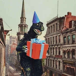 Birthday Card, b-movie poster, Birthday Cards, Vintage, Monster art, Godzilla, Retro Card, Birthday, alternate histories, geekery
